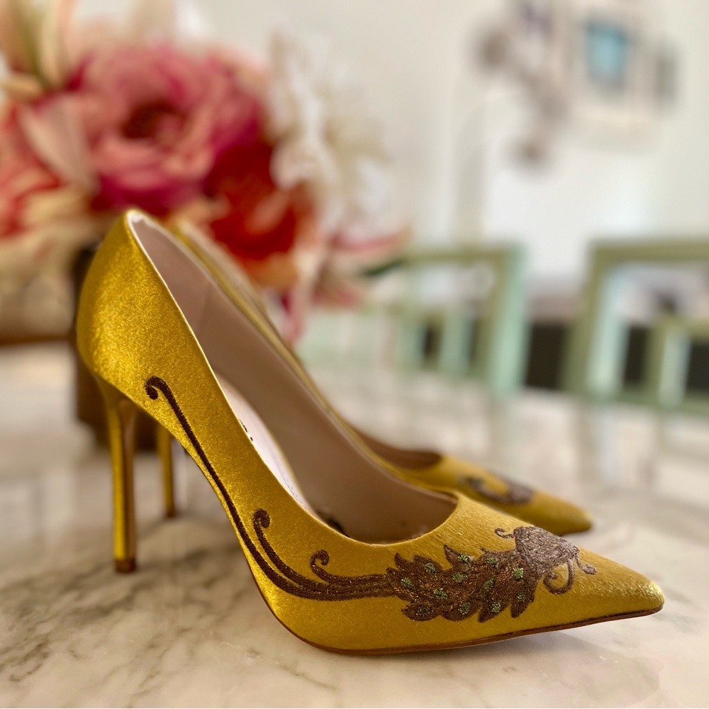 Zara Gold Chartreuse Heels with  Embroidered Peacock Detail